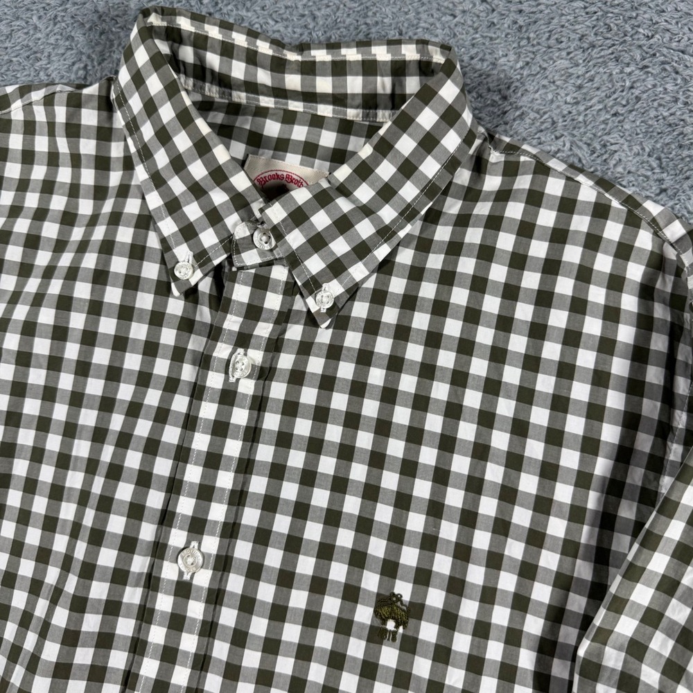 Brooks Brothers Gingham Check Green Mens Large Button Down Shirt Chest Logo
